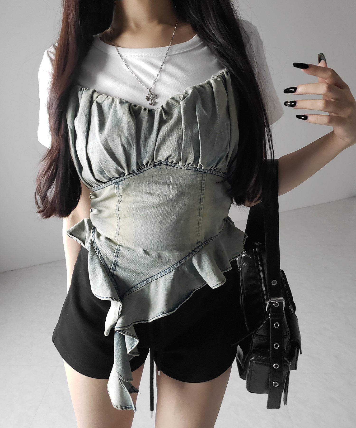 【 2点セット 】ヴィンテージデニムビスチェ & 半袖レイヤードTシャツセット / vintage denim bustier & short sleeve layered T-shirts set