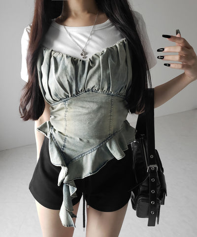 【 2点セット 】ヴィンテージデニムビスチェ & 半袖レイヤードTシャツセット / vintage denim bustier & short sleeve layered T-shirts set