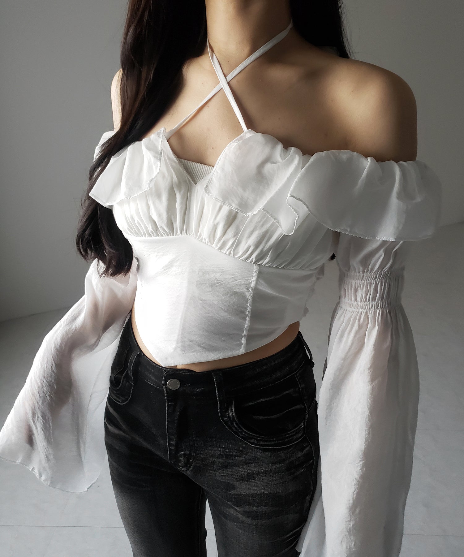 【3WAY 】チョーカーリボンフレアスリーブオフショルブラウス / choker ribbon flare sleeve off-shoulder blouse