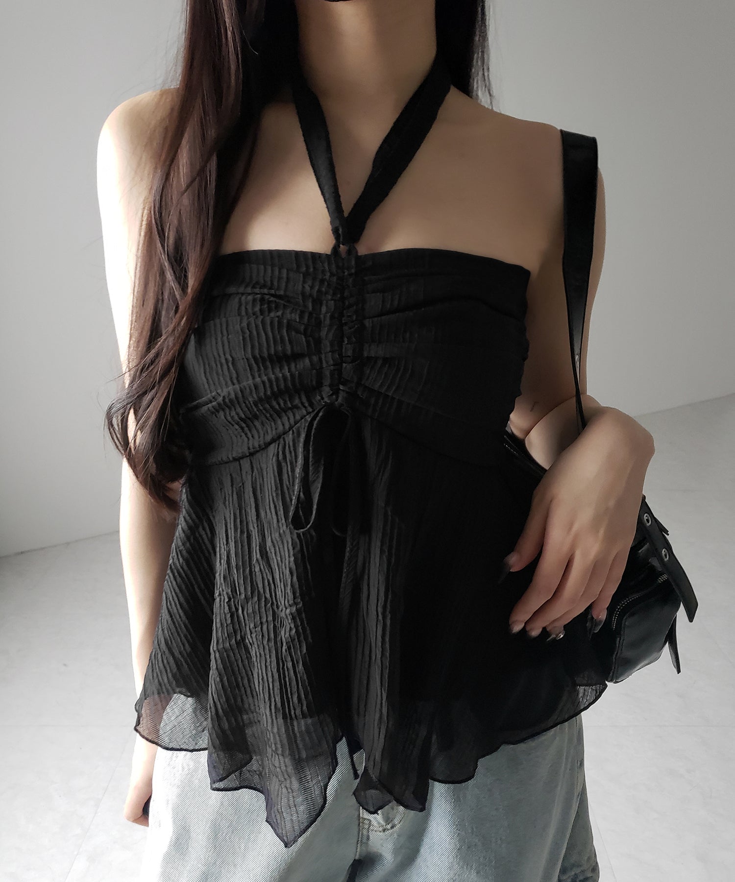 【 チョーカータイ付 】シャーリングリボンペプラムシフォンビスチェトップス / choker tie set shirring ribbon peplum chiffon bustier tops