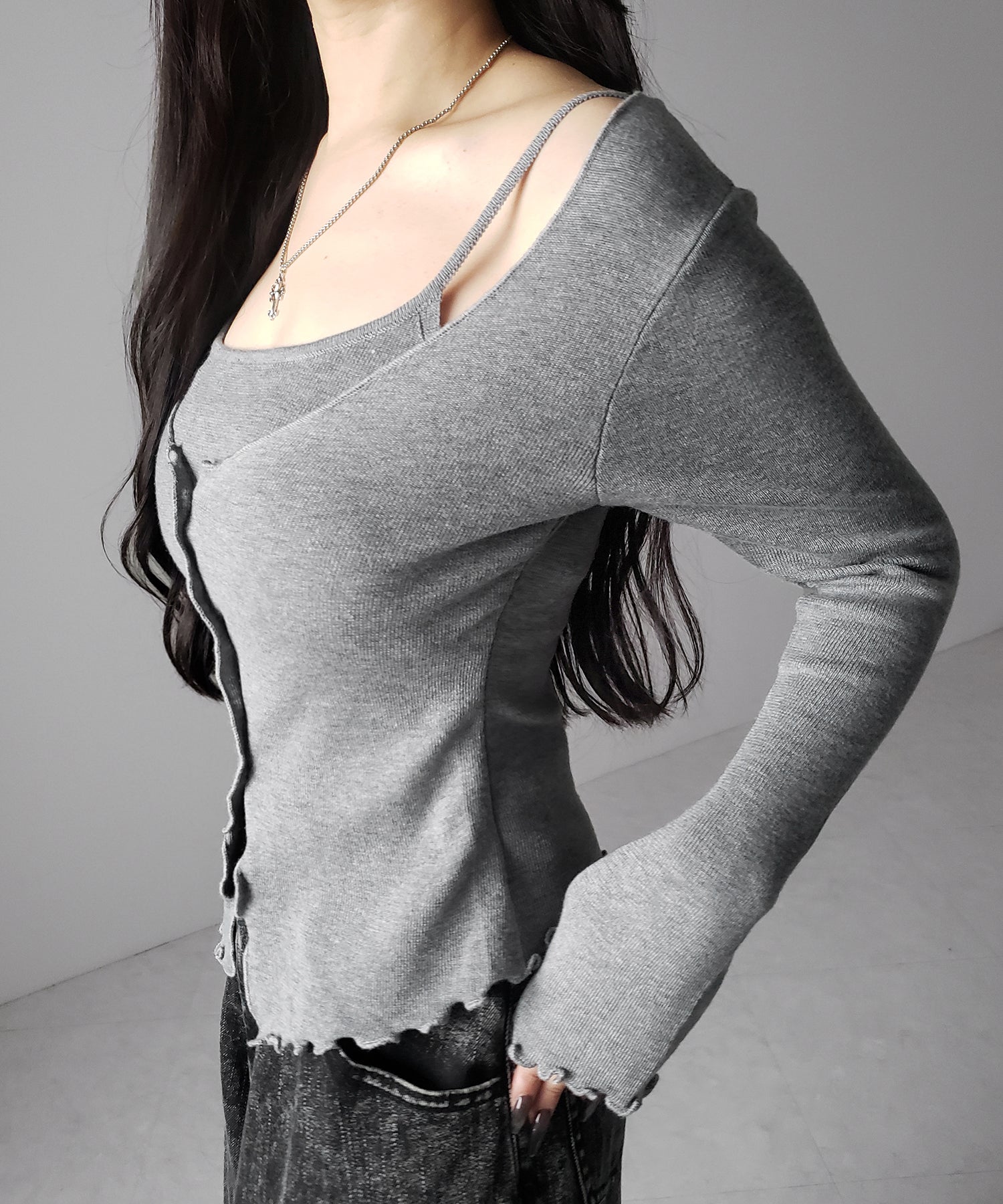 レイヤード風メロースリムニットカーディガン / layered mellow slim knit cardigan