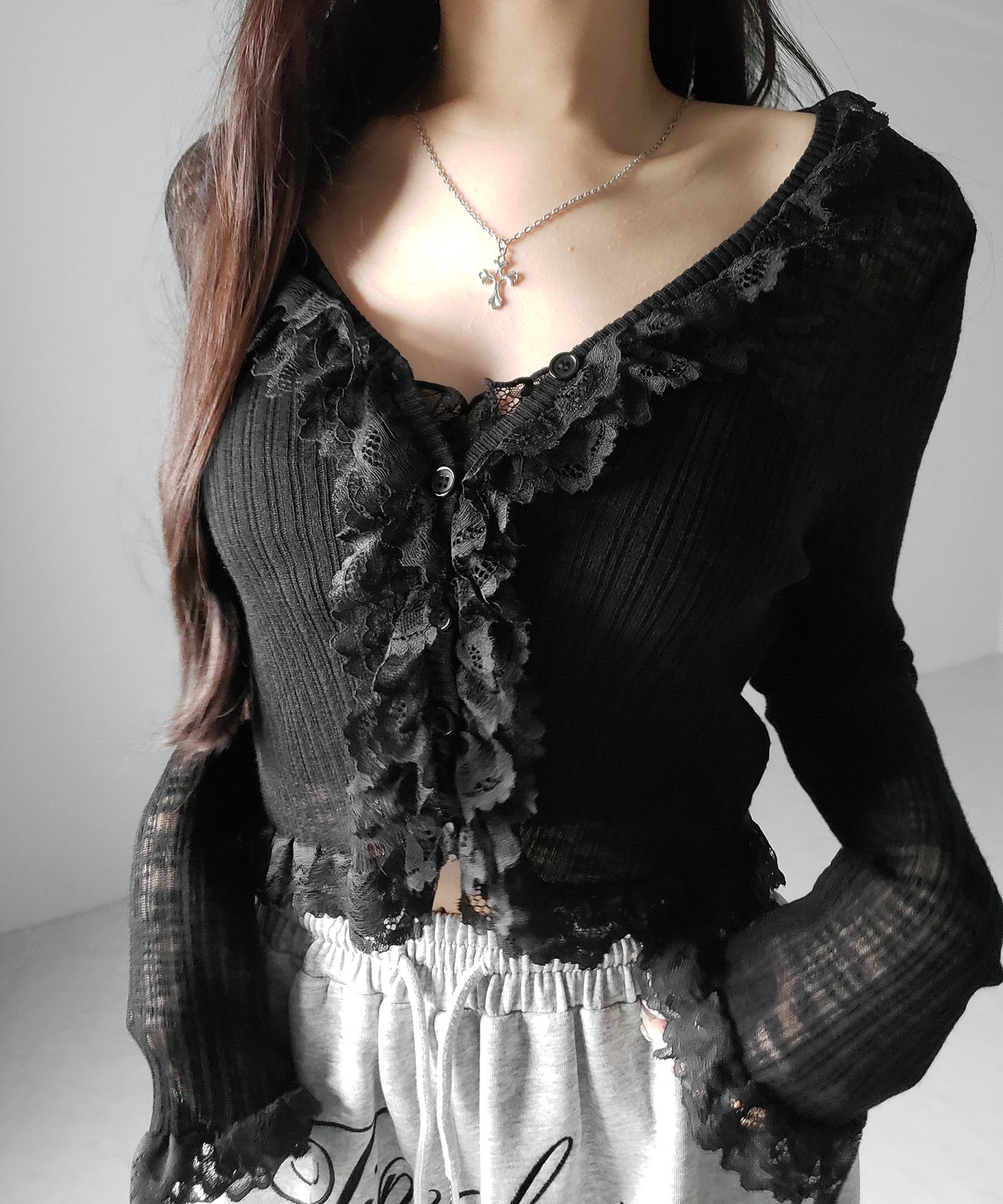 レースフリルシアーニットカーディガン / lace frill sheer knit cardigan