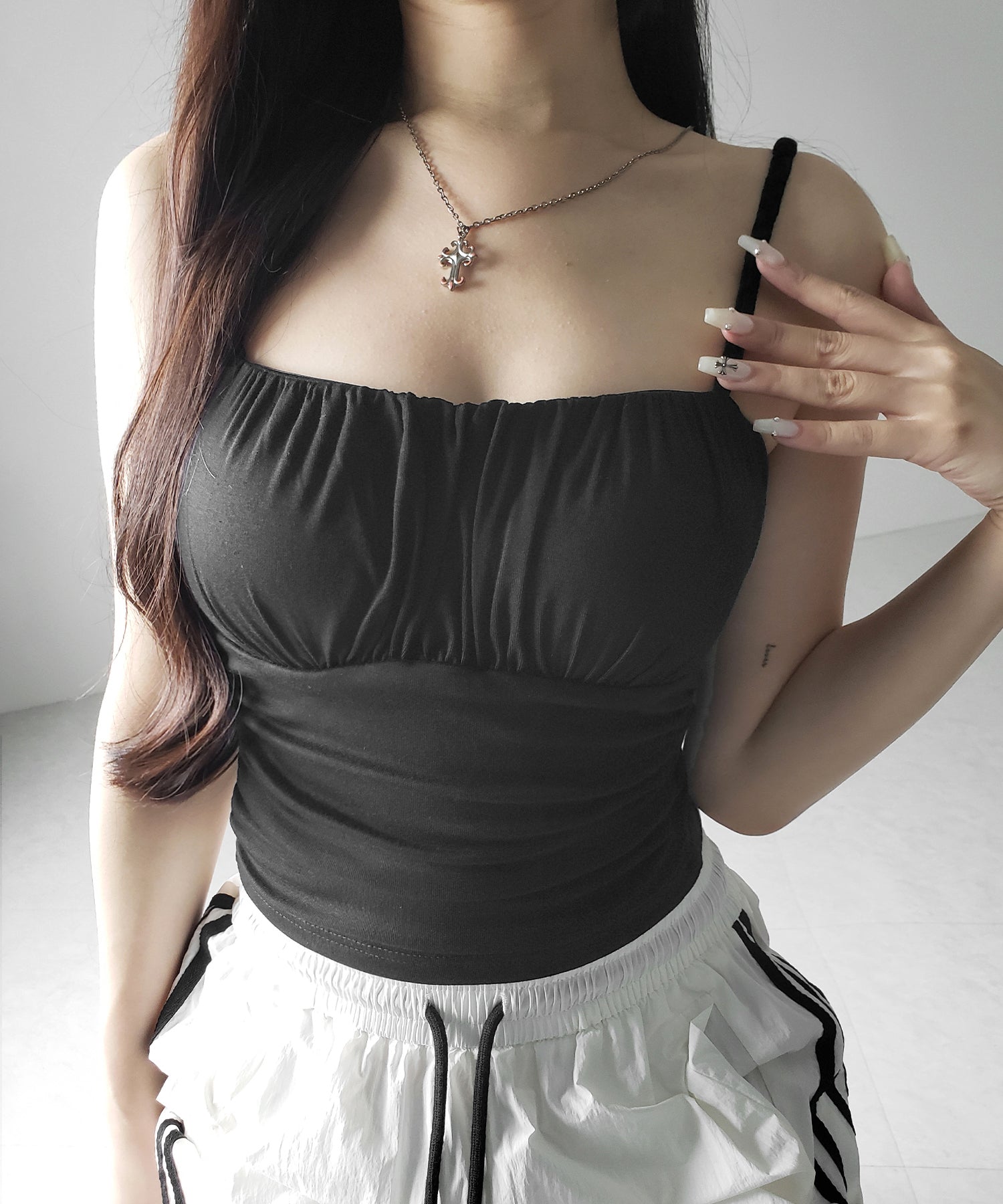 【 3color / カップ付き 】シャーリングギャザードレープキャミソール /shirring gather drape camisole