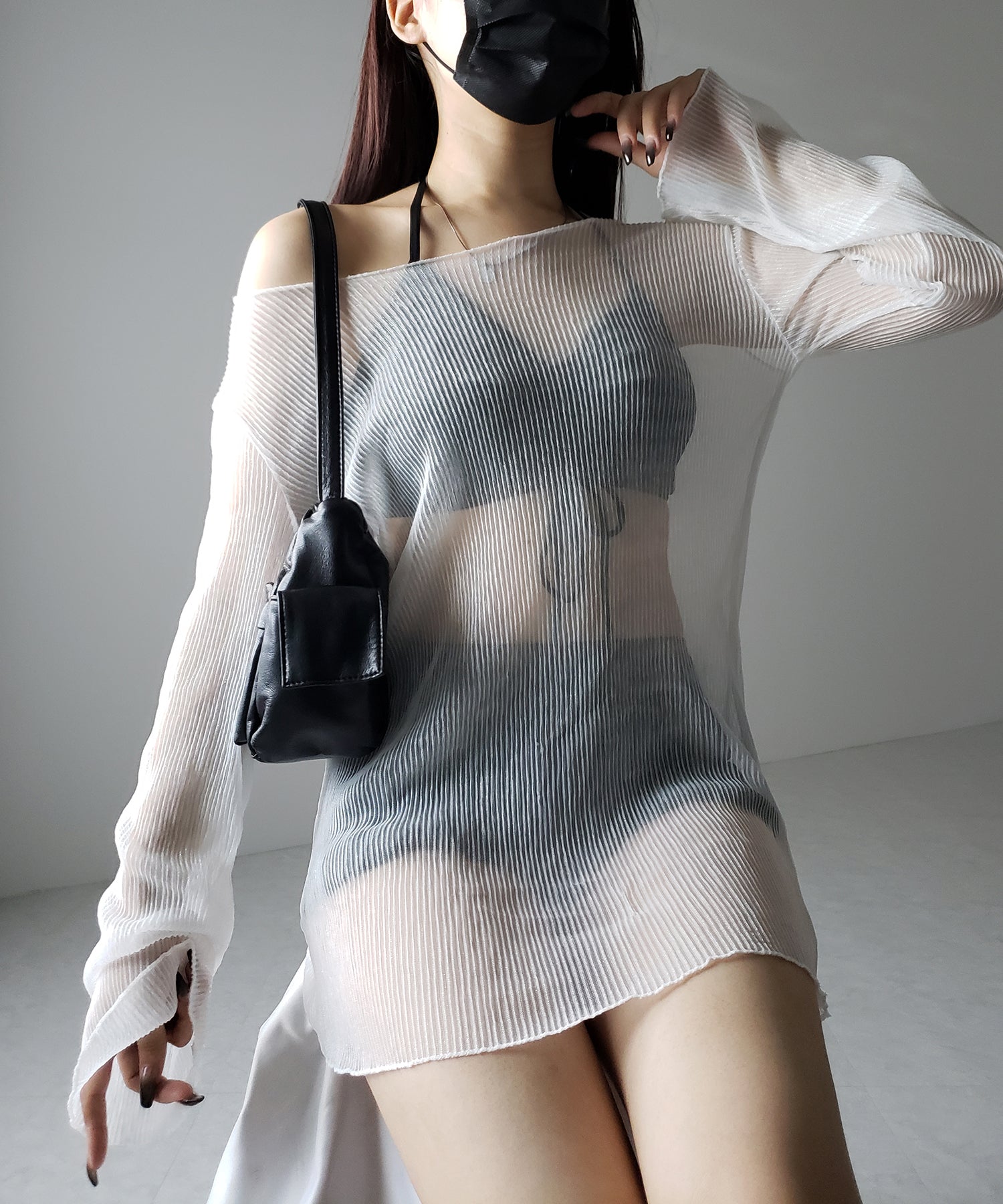 【 レディース水着/3点セット 】シアートップス付き フロントリボンホルターネックハイウエストビキニ / sheer tops set front ribbon halter neck high waist bikini