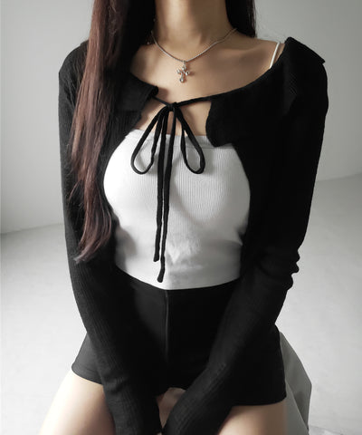 【 2color 】襟付きフロントリボンシアーニットショートカーディガン / collar front ribbon sheer knit short cardigan