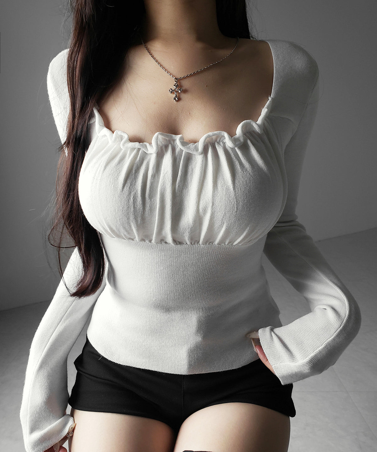 フリルギャザースクエアネック長袖ニットトップス / frill gather square neck longsleeve knit tops