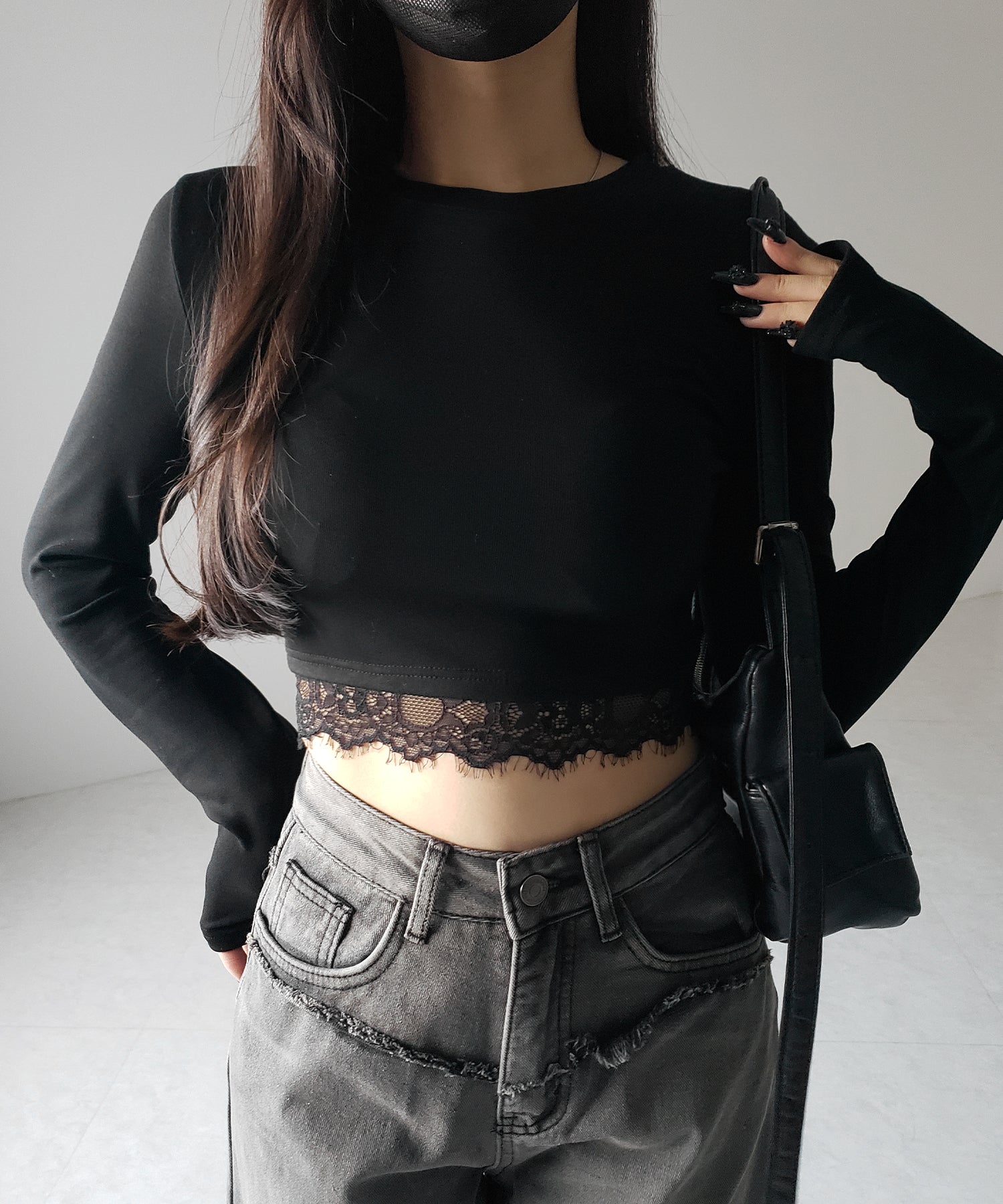 【 裏起毛 】裾レースドッキングショートTシャツ / hem lace docking short Tee