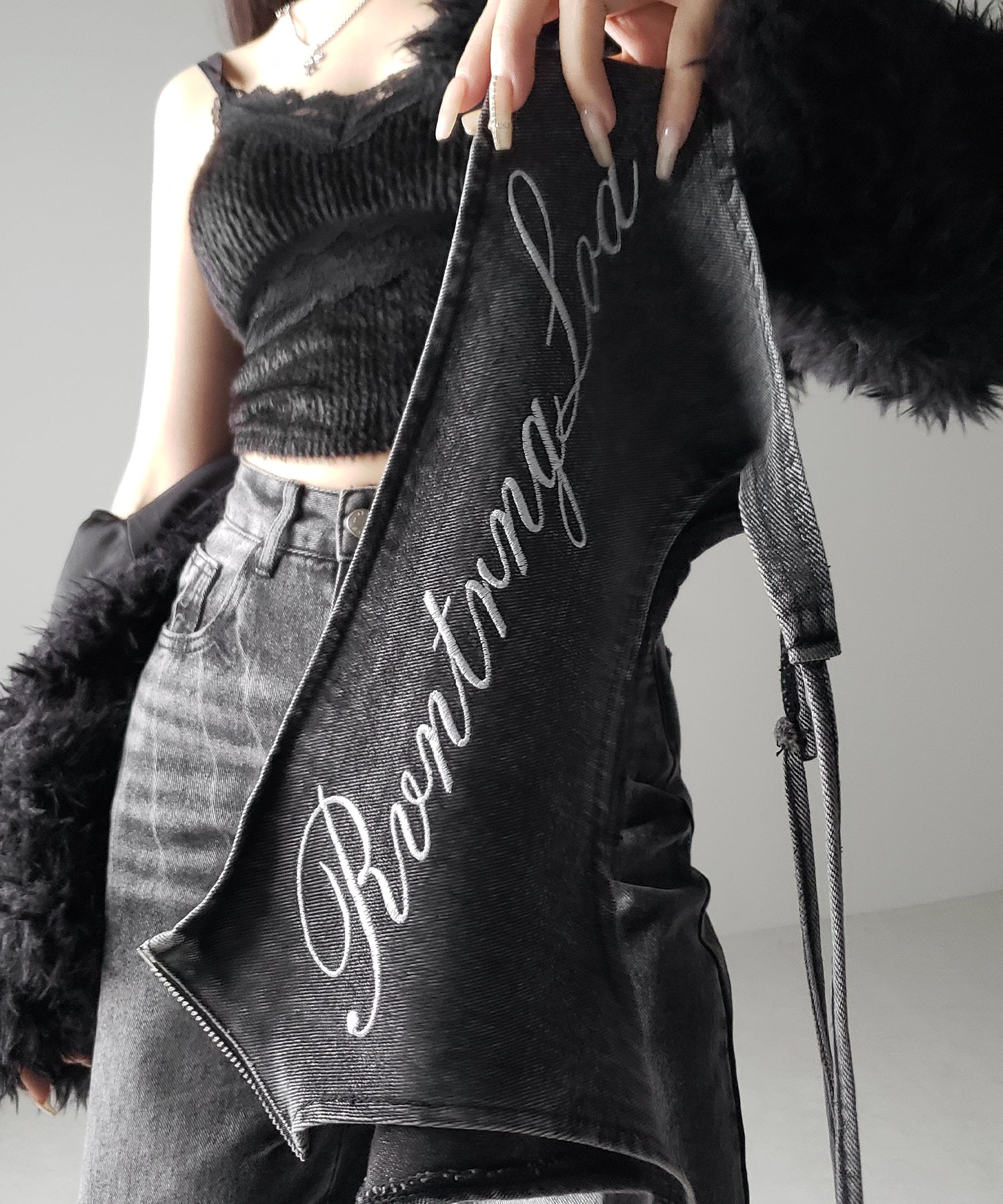 【 2WAY 】レタリングロゴ刺繍ガーターヴィンテージワイドデニム / lettering logo embroidery garter vintage wide denim