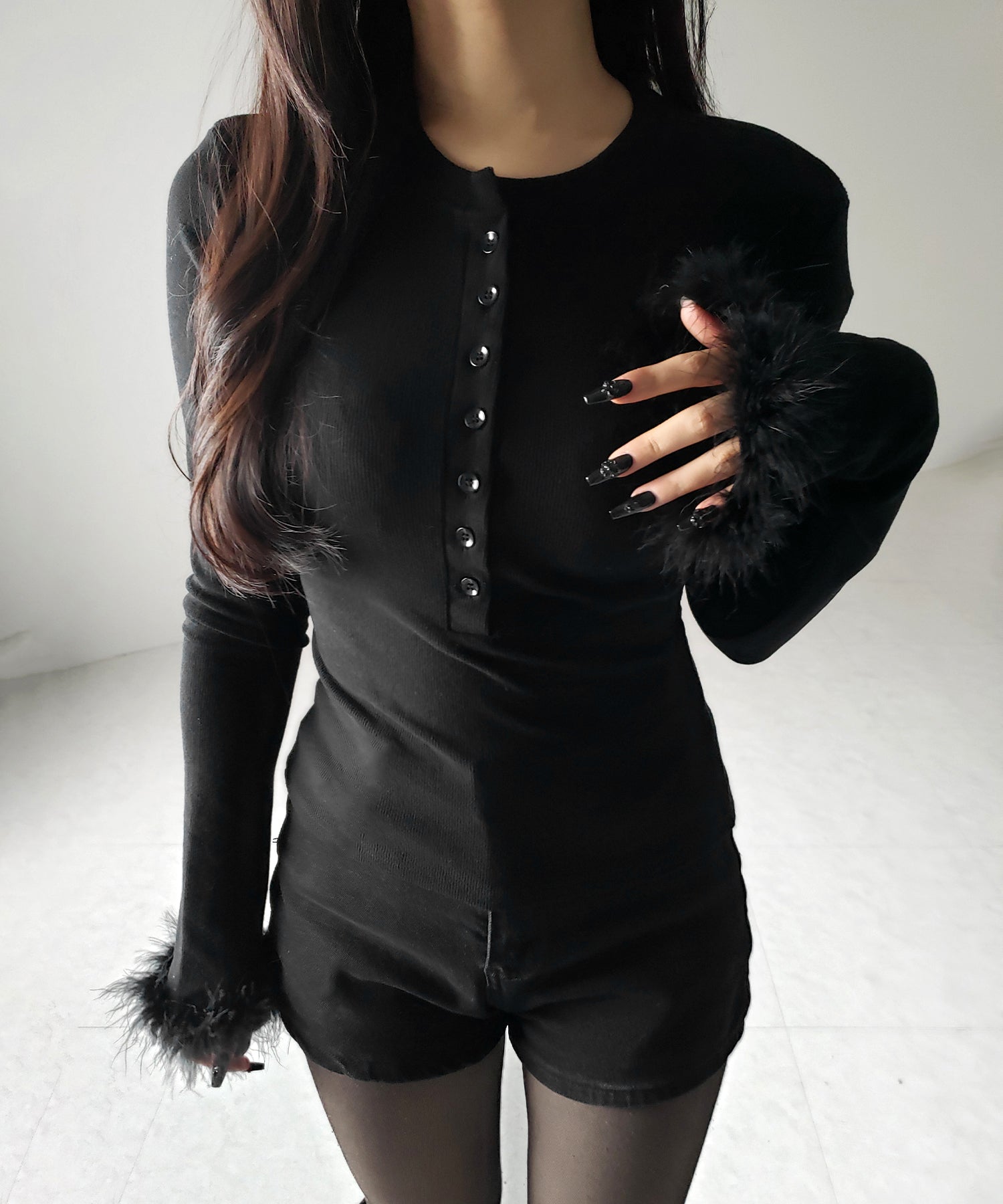 【 2color 】ファースリーブヘンリーネックリブトップス / fur sleeve henley neck lib tops