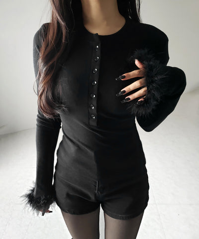 【 2color 】ファースリーブヘンリーネックリブトップス / fur sleeve henley neck lib tops