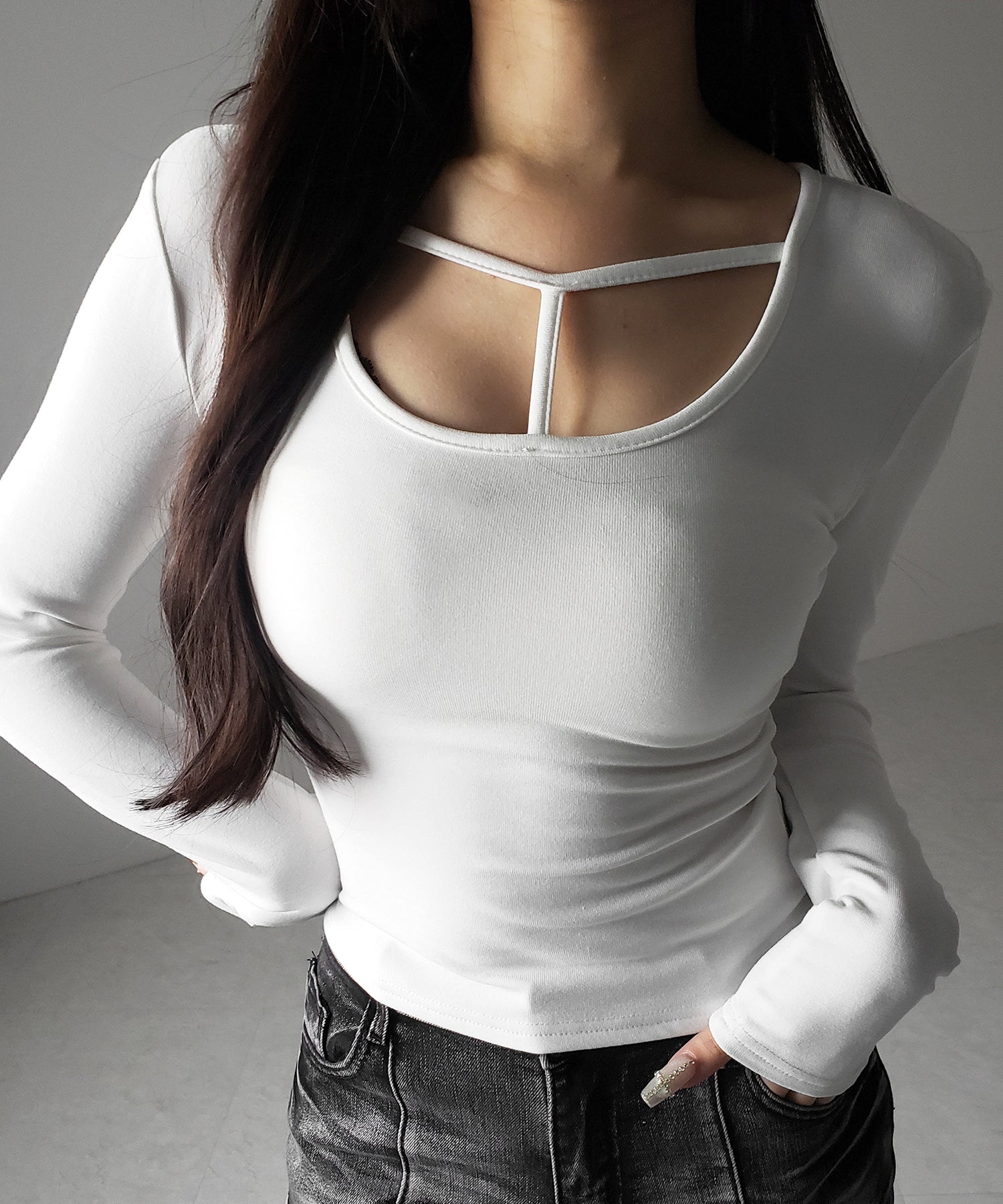 【 裏起毛 】カットアウトストラップスリムカットソートップス / cutout strap slim cutsew tops