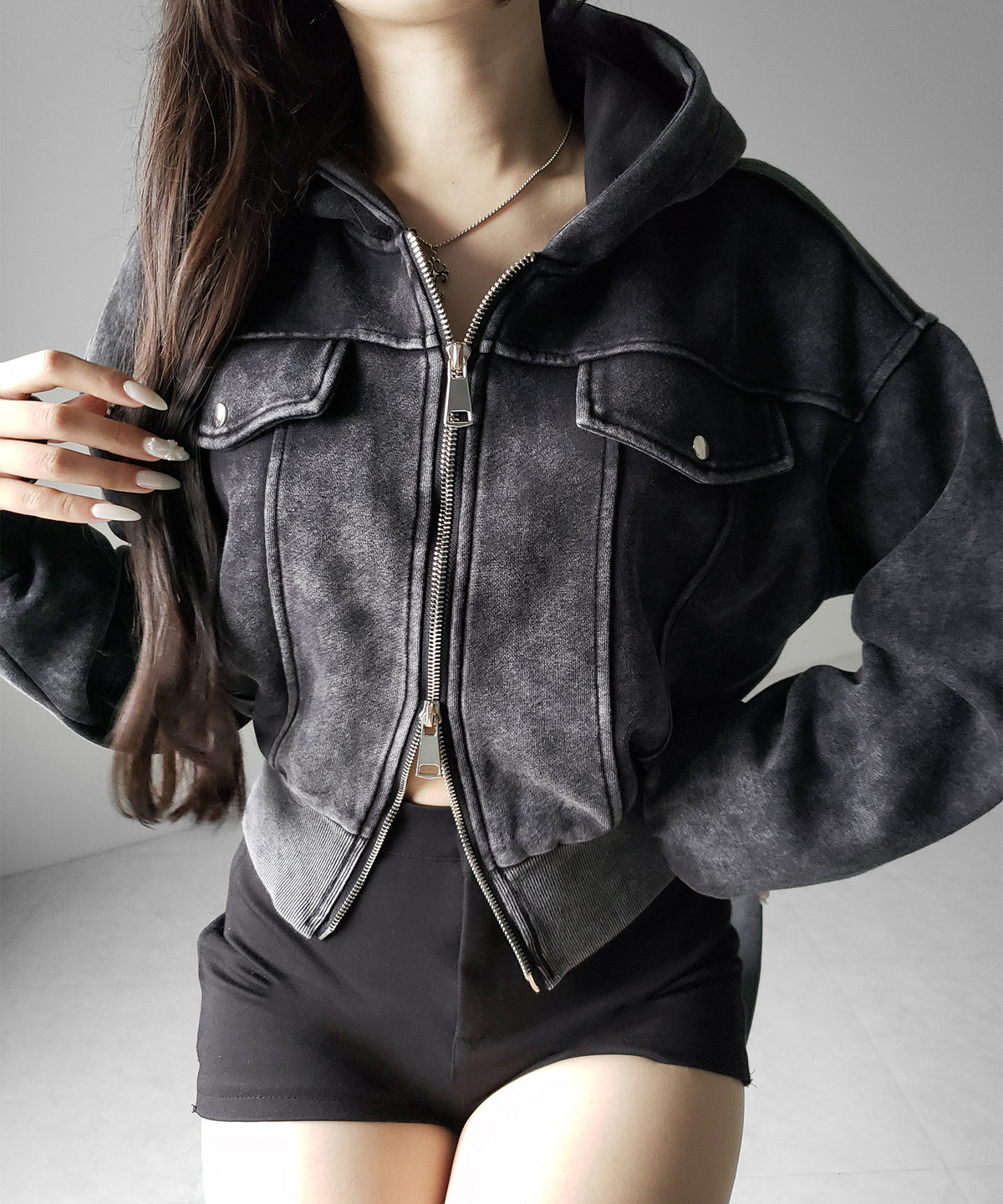 ピグメントダブルジップショートパーカー / pigment double zip short hoodie