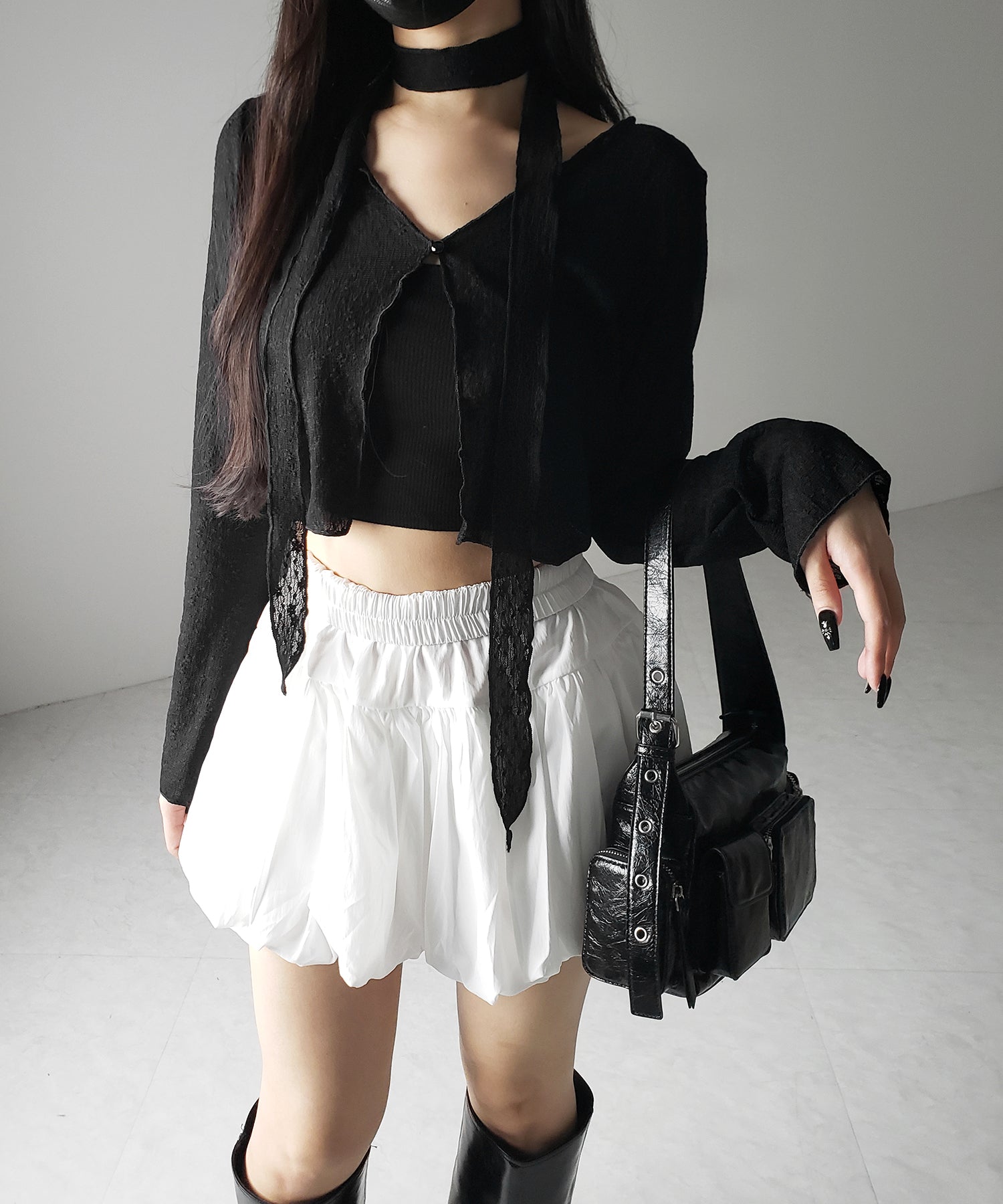 【 2color / 2WAY 】チョーカーロングタイ付きショートシアーカーディガン / choker long tie set short sheer cardigan