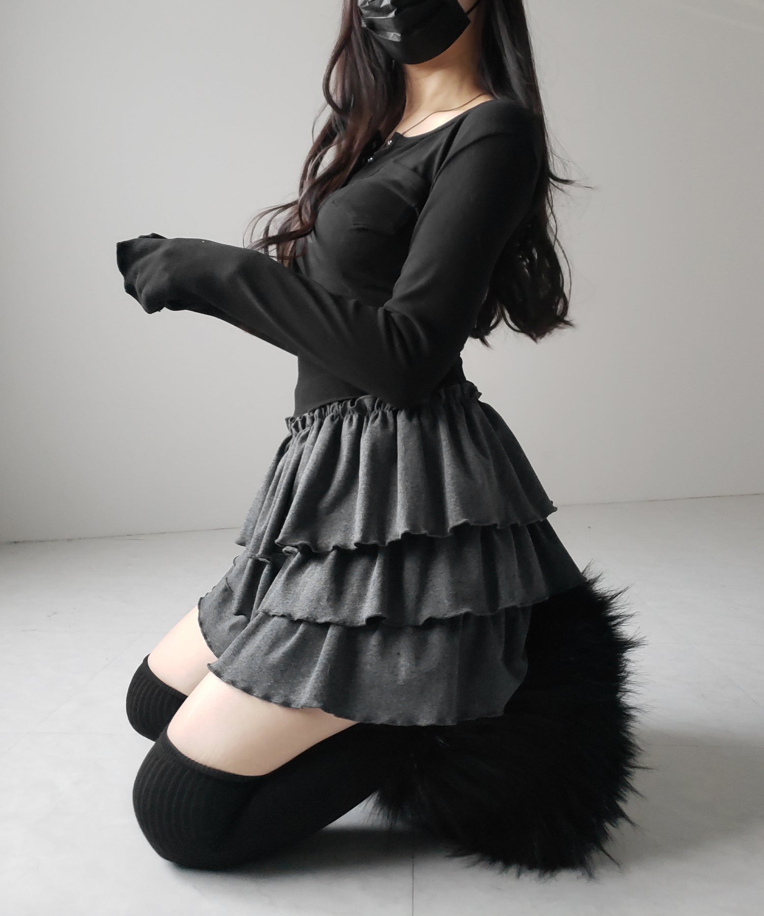 【 新色ピンク追加!4color 】3段フリルカットソーミニスカパン / 3 frill cutsew mini skirt pants