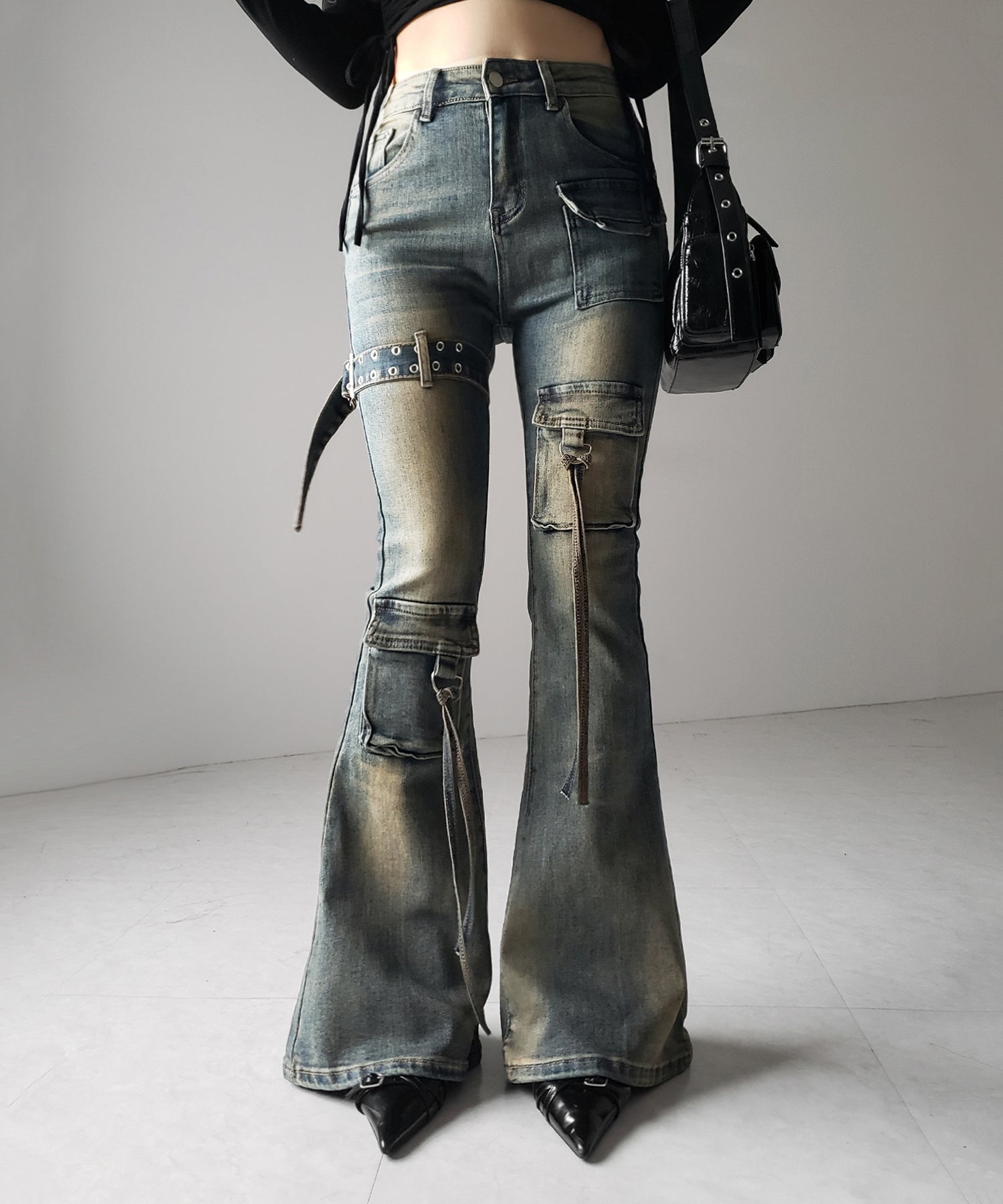 【 2color / 4size 】ベルテッドアウトポケットヴィンテージフレアデニム / belted out pocket vintage flare denim