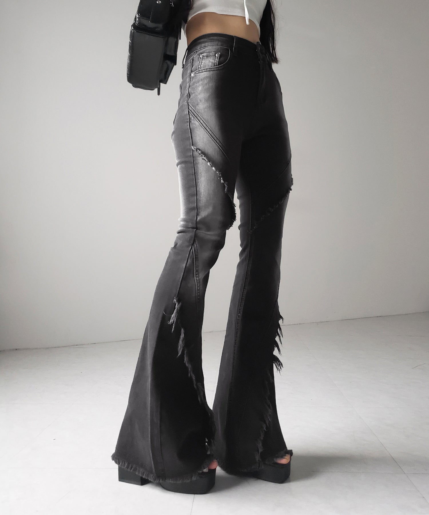 【 2color / 4size 】フリンジデザインヴィンテージライクストレッチフレアデニム / fringe design vintage-like stretch flare denim