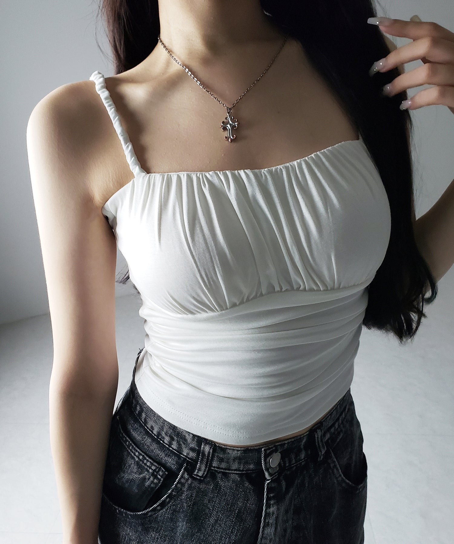 【 3color / カップ付き 】シャーリングギャザードレープキャミソール /shirring gather drape camisole