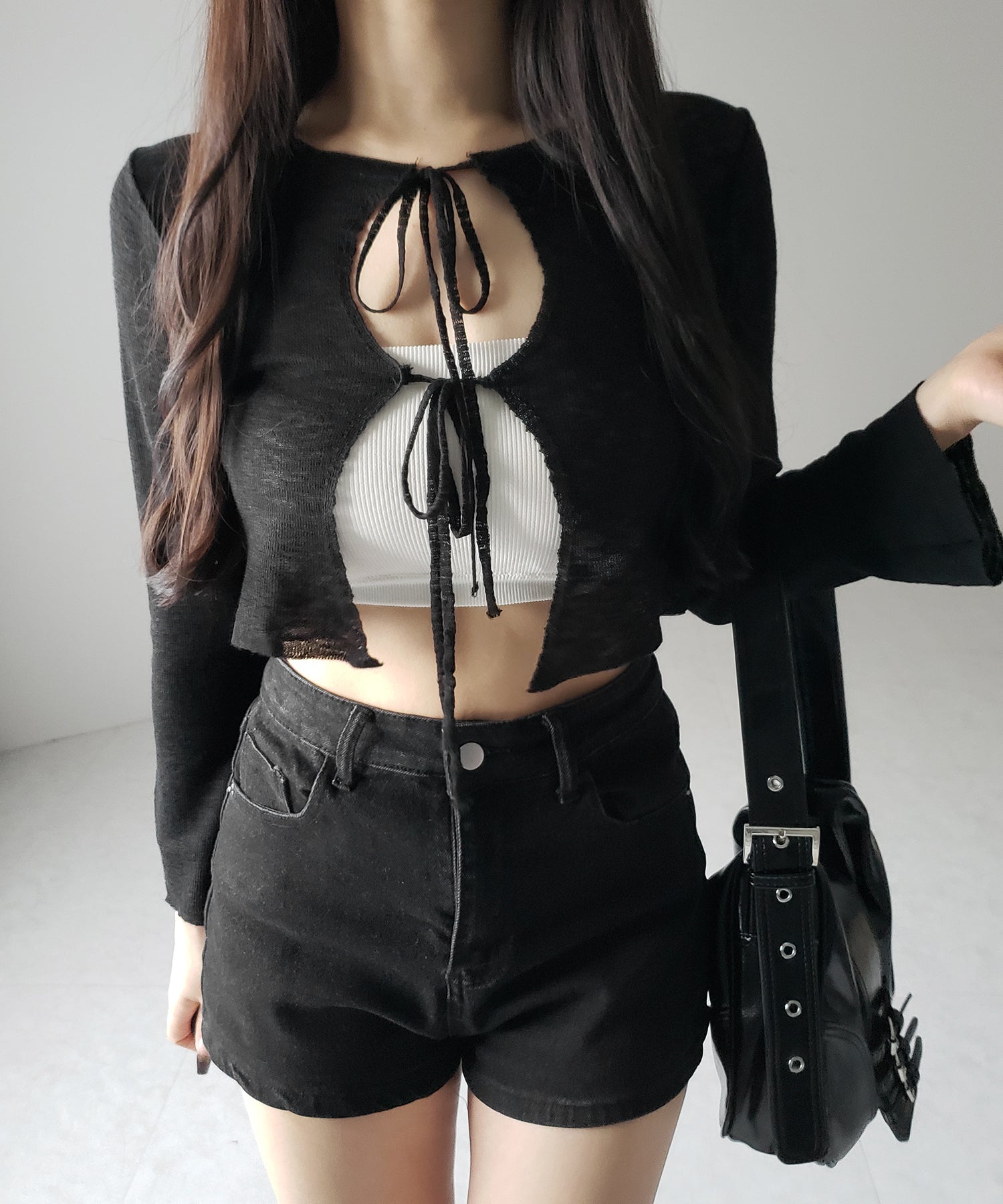 ダブルリボンシアーニットショートカーディガン / double ribbon sheer knit short cardigan