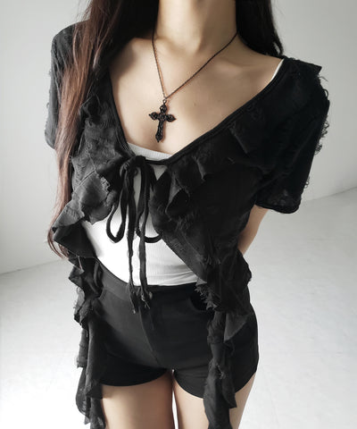 ダメージフリル半袖ショートリボンカーディガン / damage frill short sleeve short ribbon cardigan
