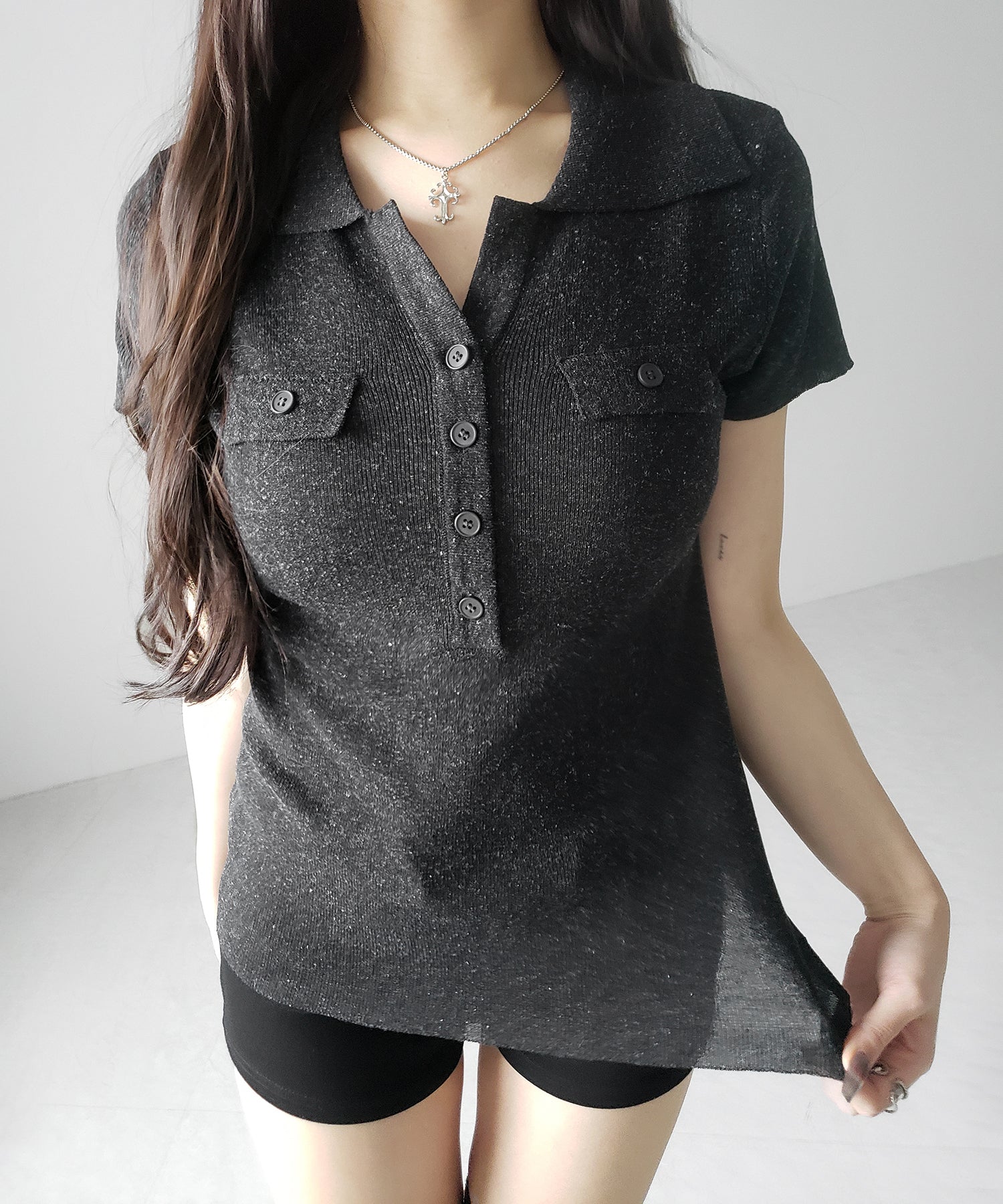 スキッパーボタンロングシアーニットトップス / skipper button long sheer knit tops