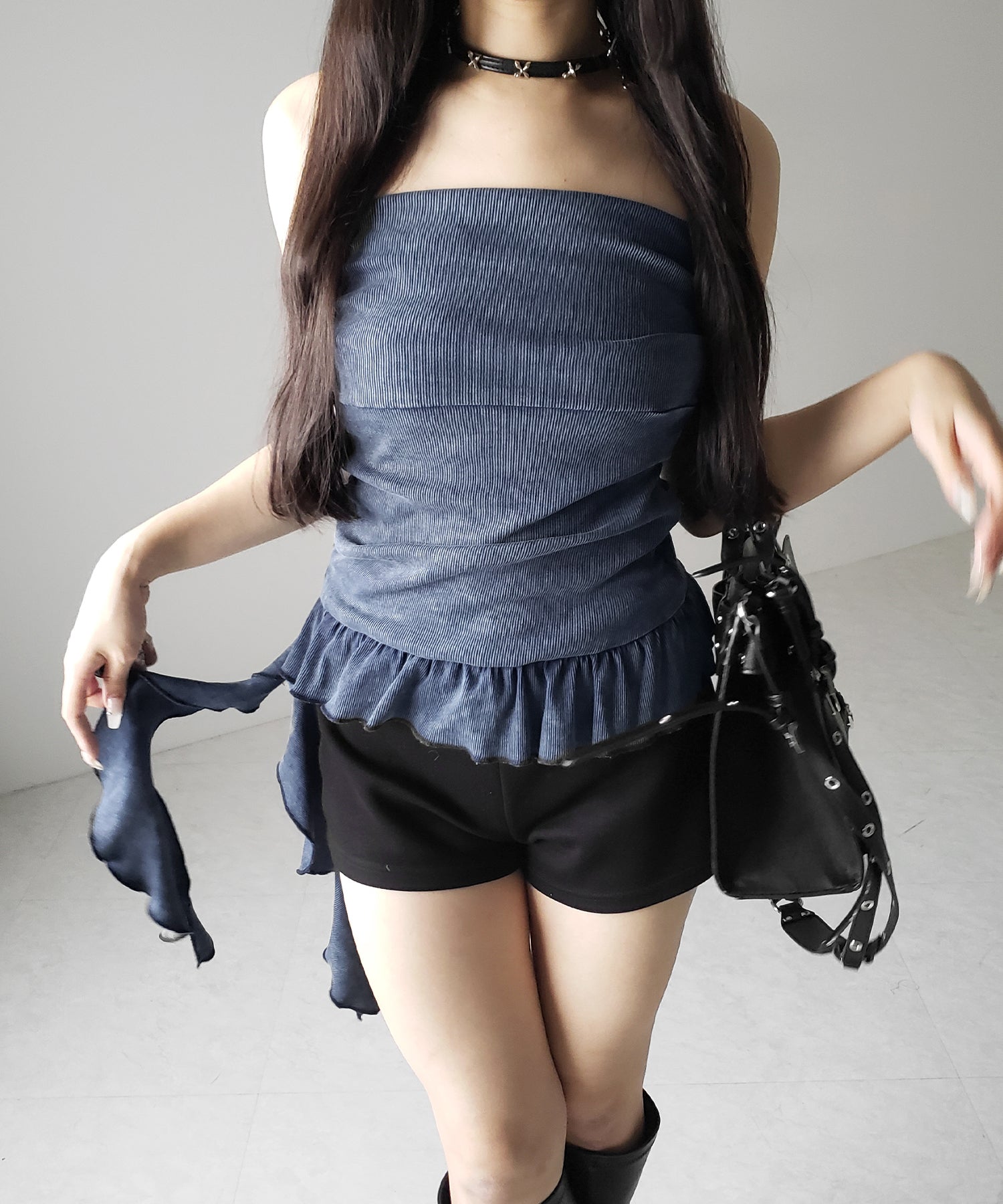 【 2color 】ヴィンテージピグメントフリルベアトップス / vintage pigment frill bare tops