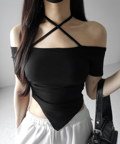 クロスネックアシメギャザーオフショルTシャツ / cross neck asymmetry gather off shoulder T-shirt