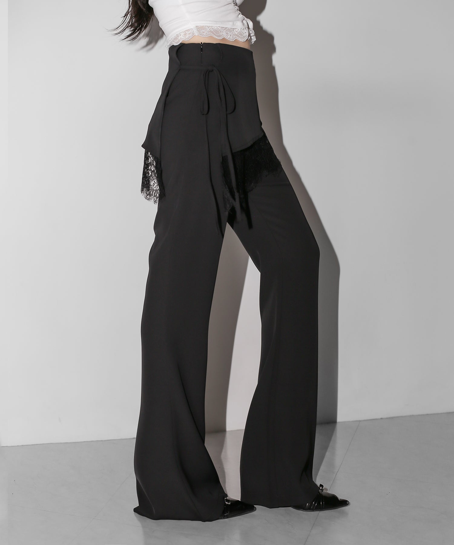 【3size 】レースレイヤードサイドリボンラップフレアスラックス / lace layered side ribbon wrap flare slacks