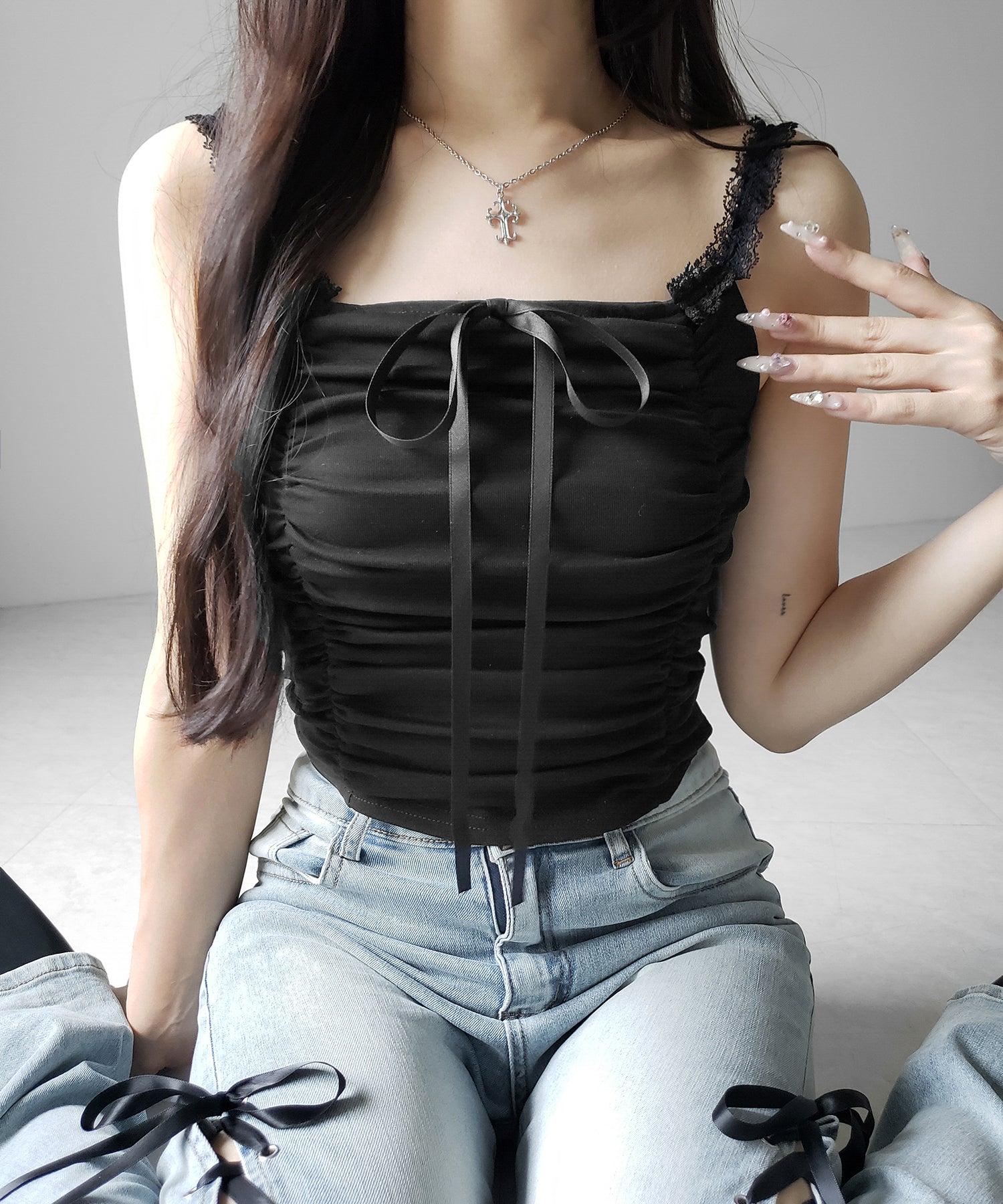 シャーリングギャザーフロントリボンキャミソール / shirring gather front ribbon camisole