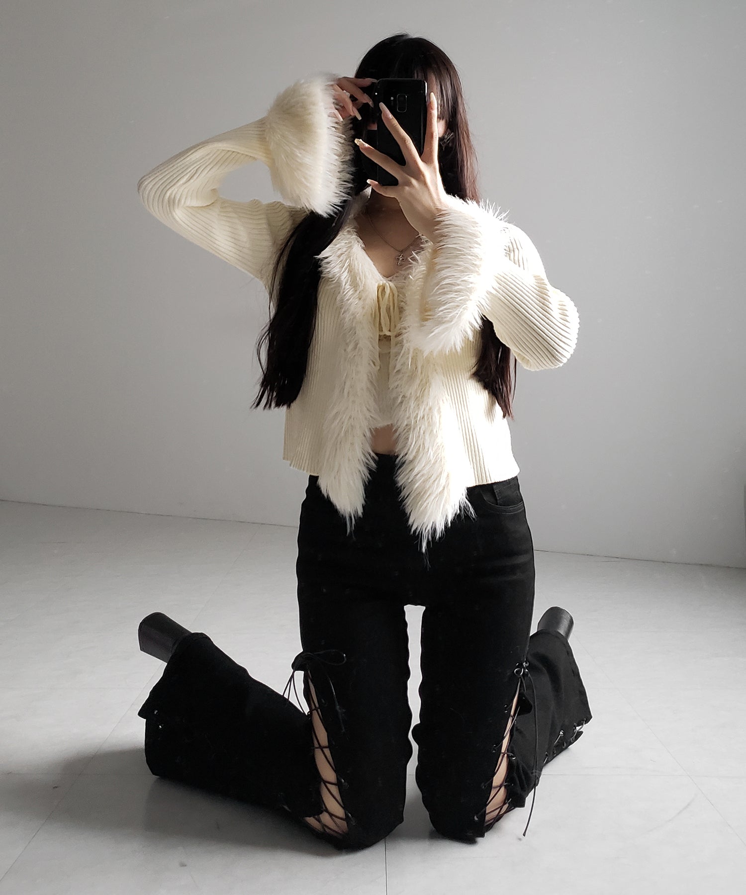 シャギーファードッキングリブニットカーディガン / shaggy fur docking rib knit cardigan