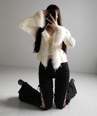 シャギーファードッキングリブニットカーディガン / shaggy fur docking rib knit cardigan