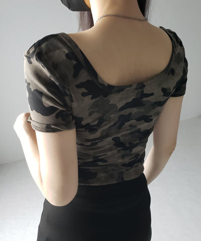 ヴィンテージカモフラスクエアネックショートTシャツ / vintage camouflage square neck short T-shirt
