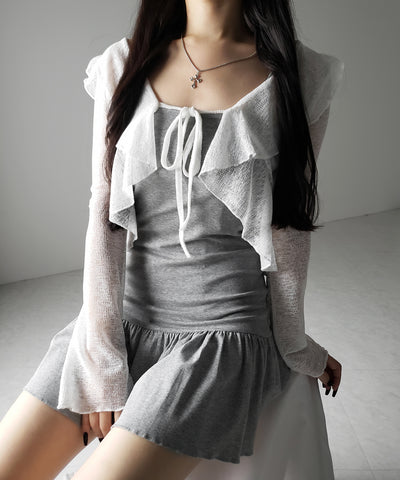 【 2点セット 】フレアキャミワンピ &シアーフリルリボンカーディガン ワンホンセットアップ / flare camisole onepiece & sheer frill ribbon cardigan wanghong SETUP