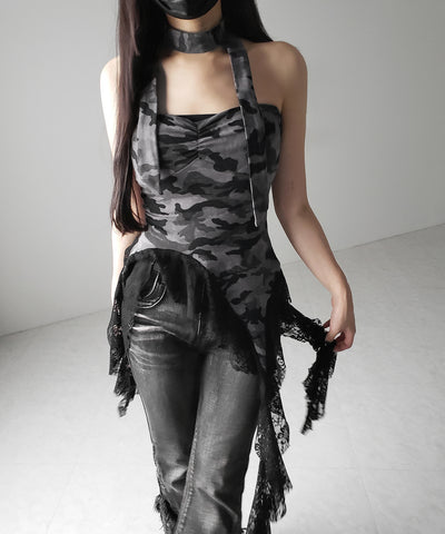 チョーカーロングタイ付き ヴィンテージカモフラレースフリルベアトップス / ( choker long tie SET ) vintage camouflage lace frill bare tops