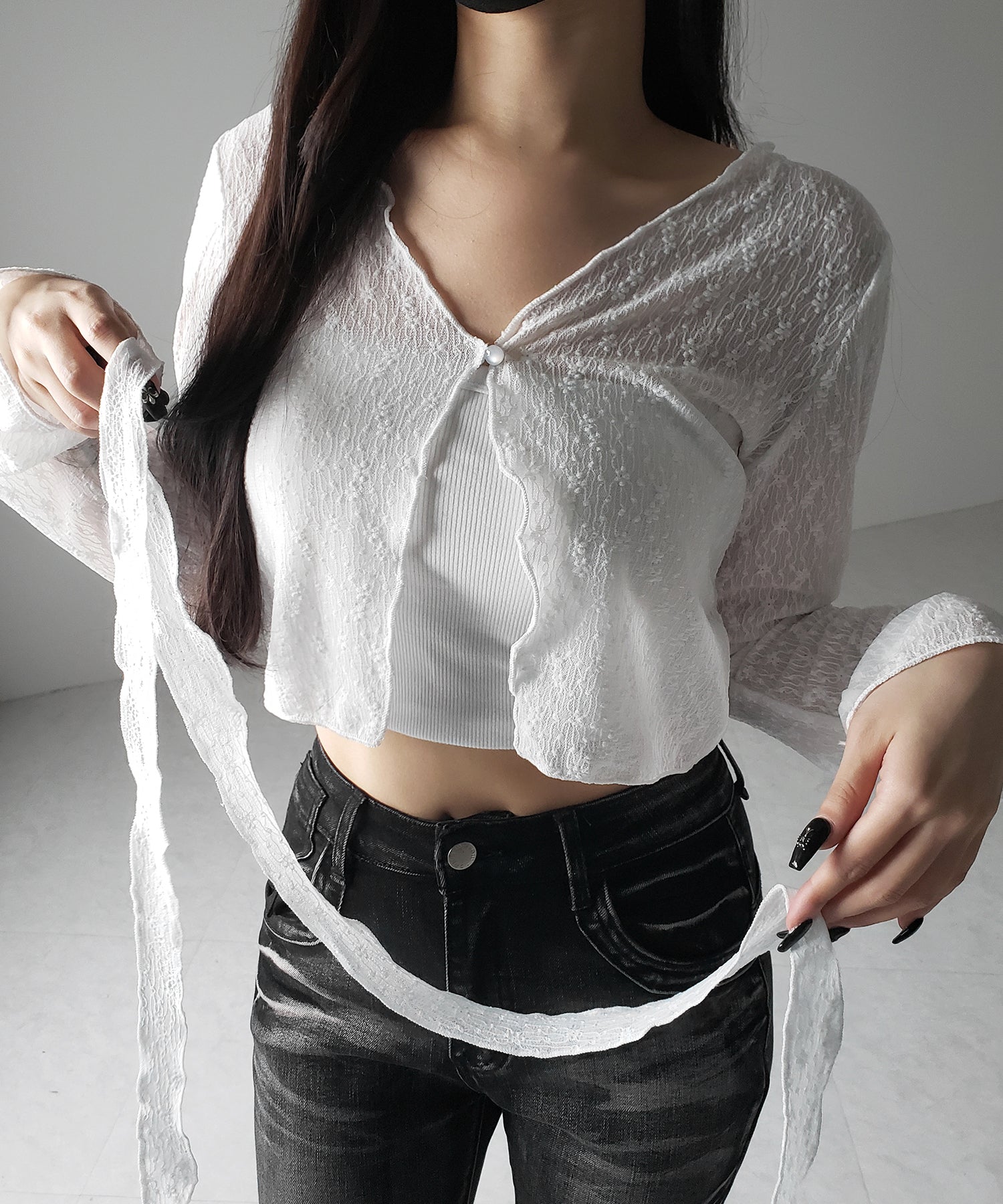 【 2color / 2WAY 】チョーカーロングタイ付きショートシアーカーディガン / choker long tie set short sheer cardigan