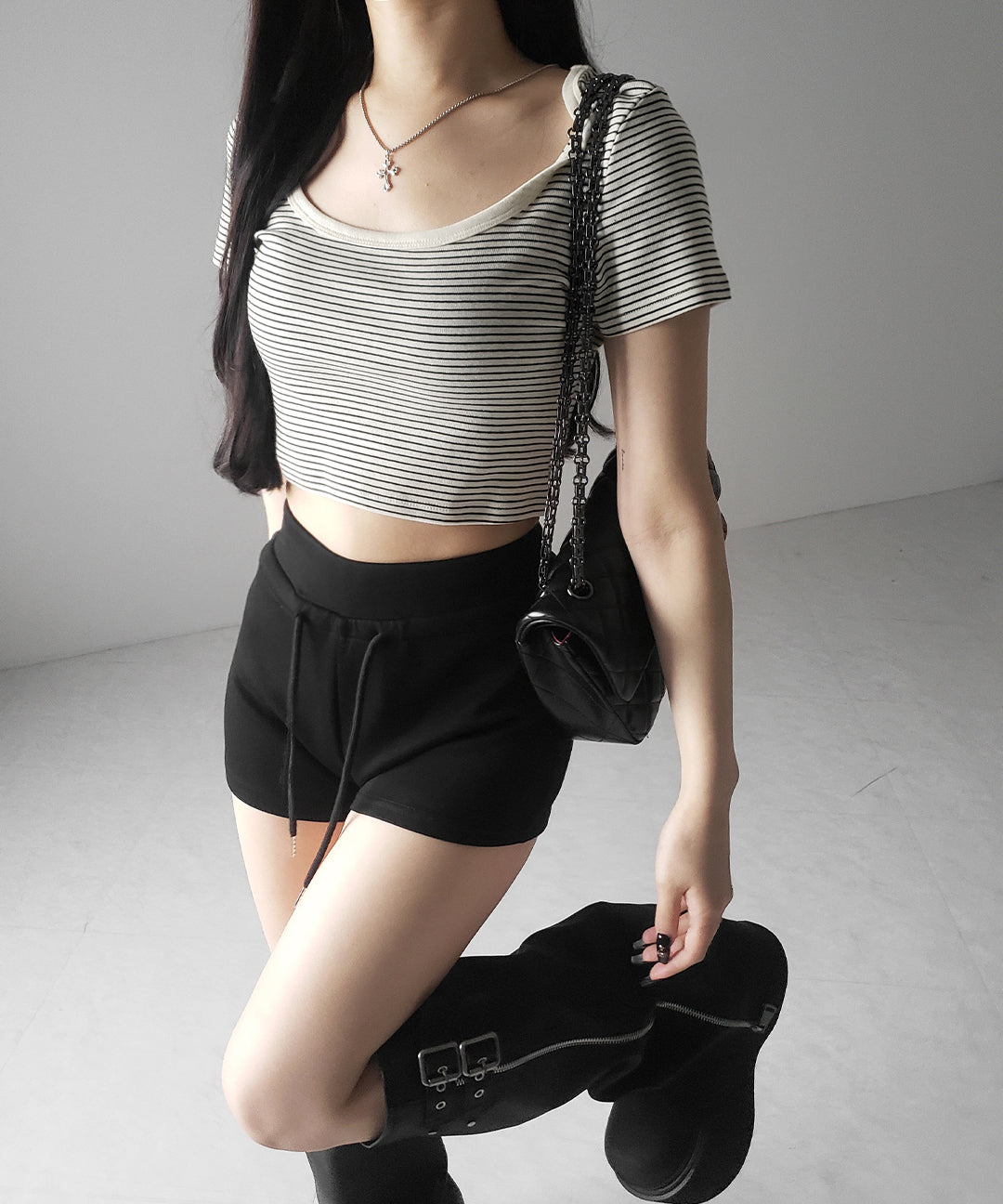 ピンボーダースクエアネックショートTシャツ / pin border square neck short T-shirt