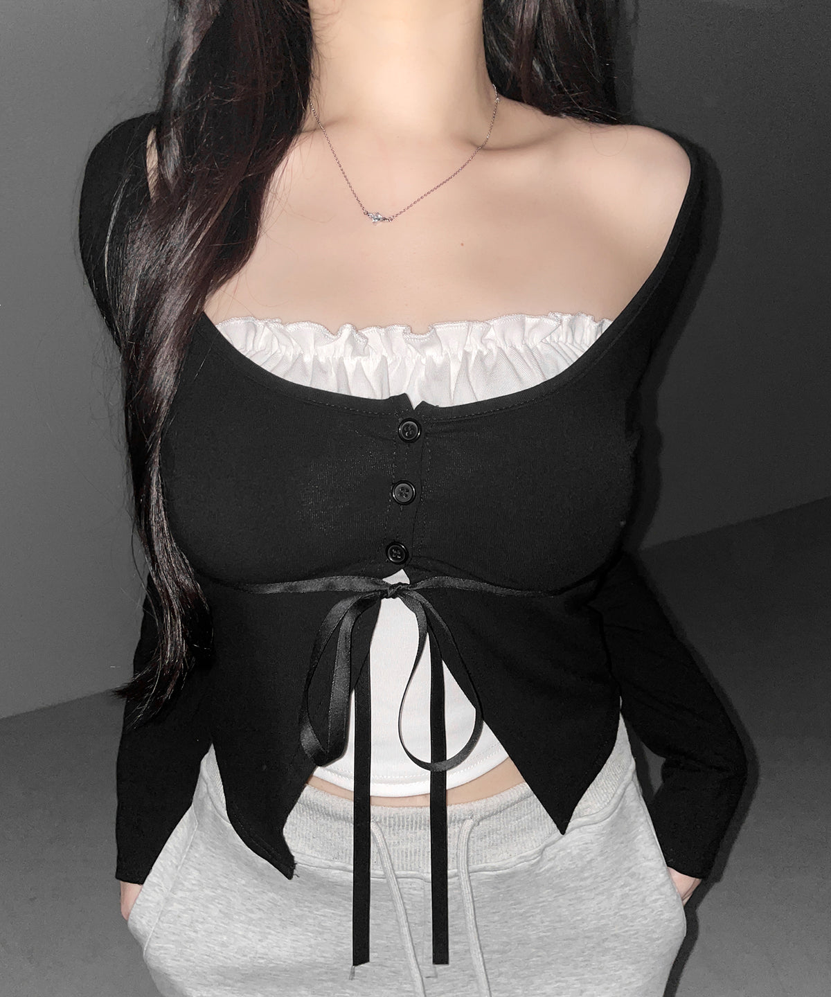 フリルレイヤードリボンカーディガントップス / frill layered ribbon cardigan tops