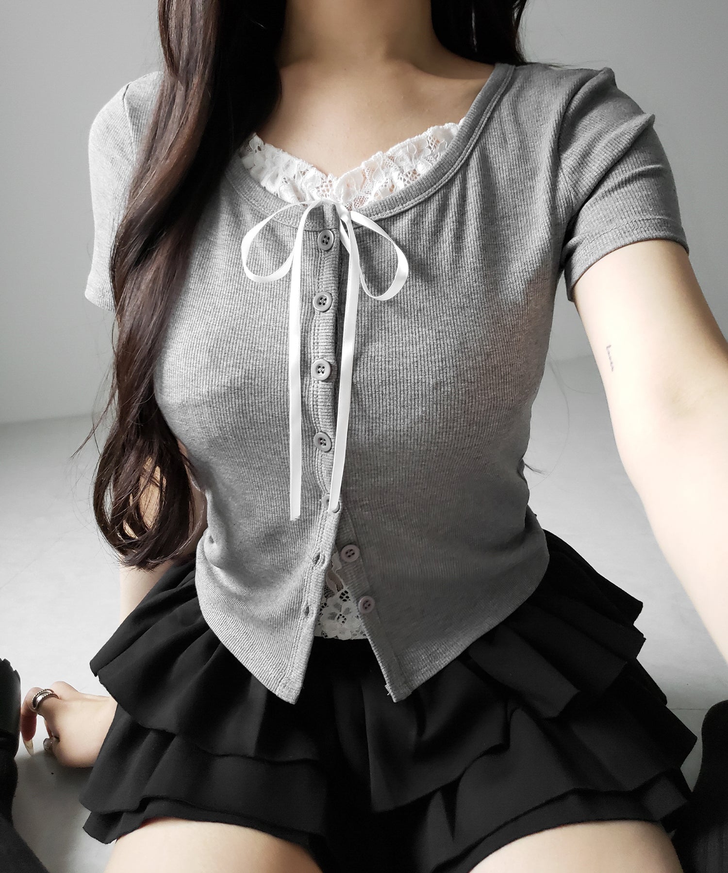 フロントリボンレースレイヤード半袖リブトップス /front ribbon lace layered short sleeve rib tops