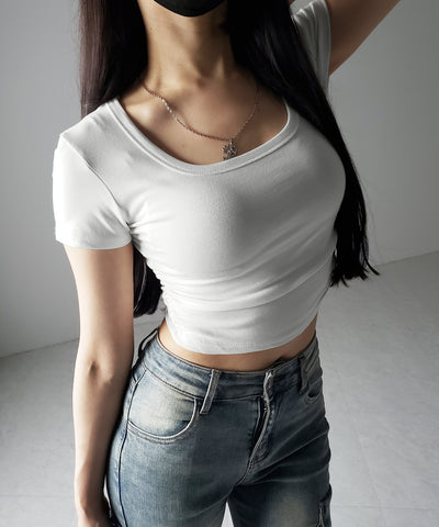 スクエアネックショートスリム半袖Tシャツ / square neck short slim sleeve T-shirt