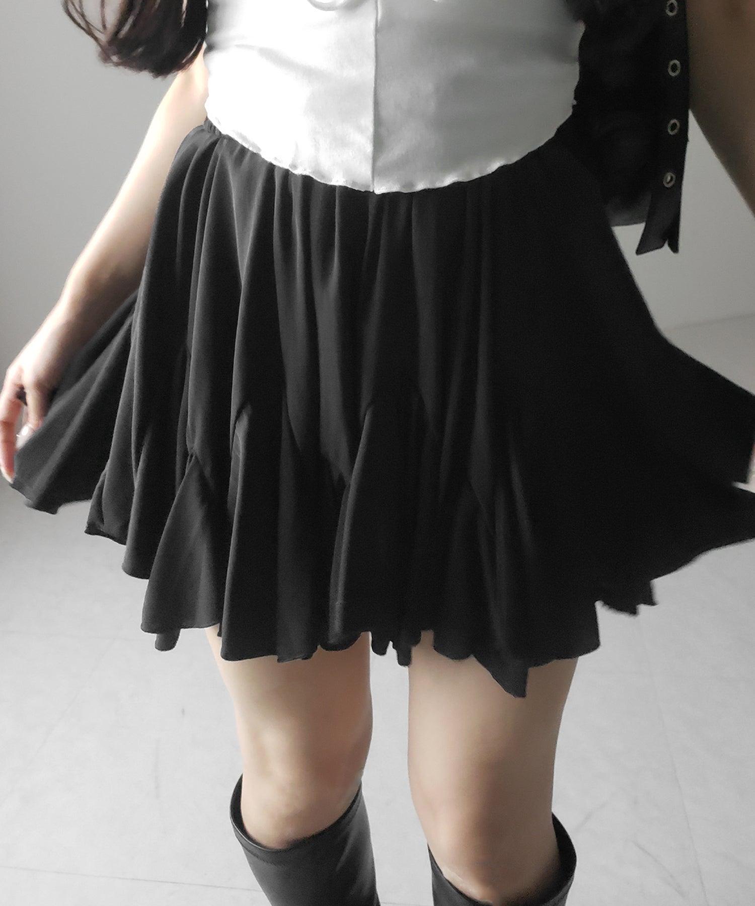【 2color /インパン裏地付き 】ハイウエストドレープフレアミニスカート / high waist draped flare mini skirt
