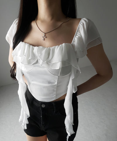 【 2WAY 】シアーフリルコルセットサテンショートブラウス / sheer frill corset satin short blouse