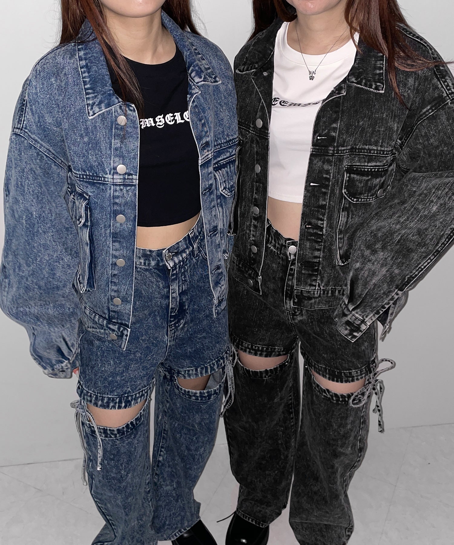 【 セットアップ着用可能 】2WAYヴィンテージケミカルブリーチカットアウトリボンデニム / 2WAY vintage chemical bleach cutout ribbon denim