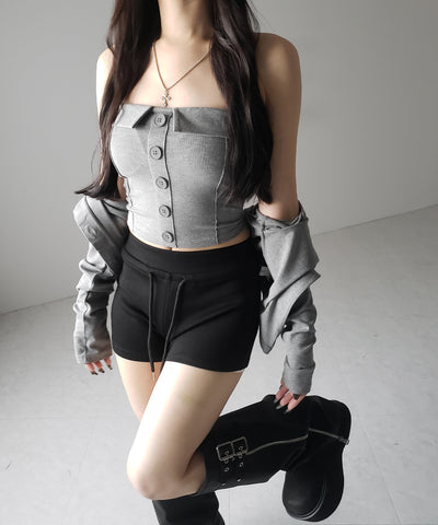 【 2点セット 】フロントボタンベアトップ + クロップドカットソーカーディガン SET / front button bare top + cropped cutsaw cardigan SET