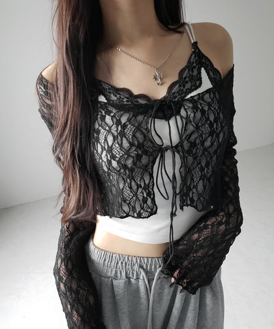 ダブルストラップリボンショートレースカーディガン /double strap ribbon short lace cardigan