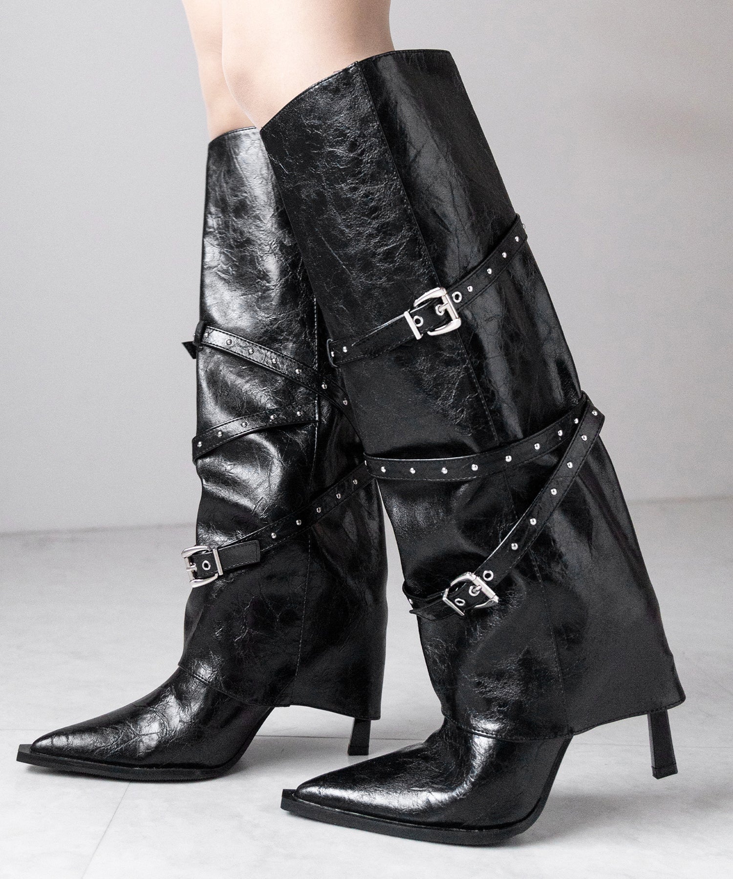 ヴィンテージレザーベルテッドロングカバーブーツ /vintage leather belted long cover boots
