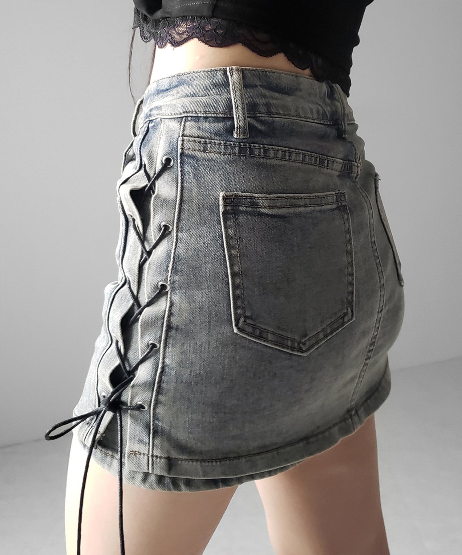 レースアップストレッチデニムミニスカパン / lace up stretch denim mini skirt pants