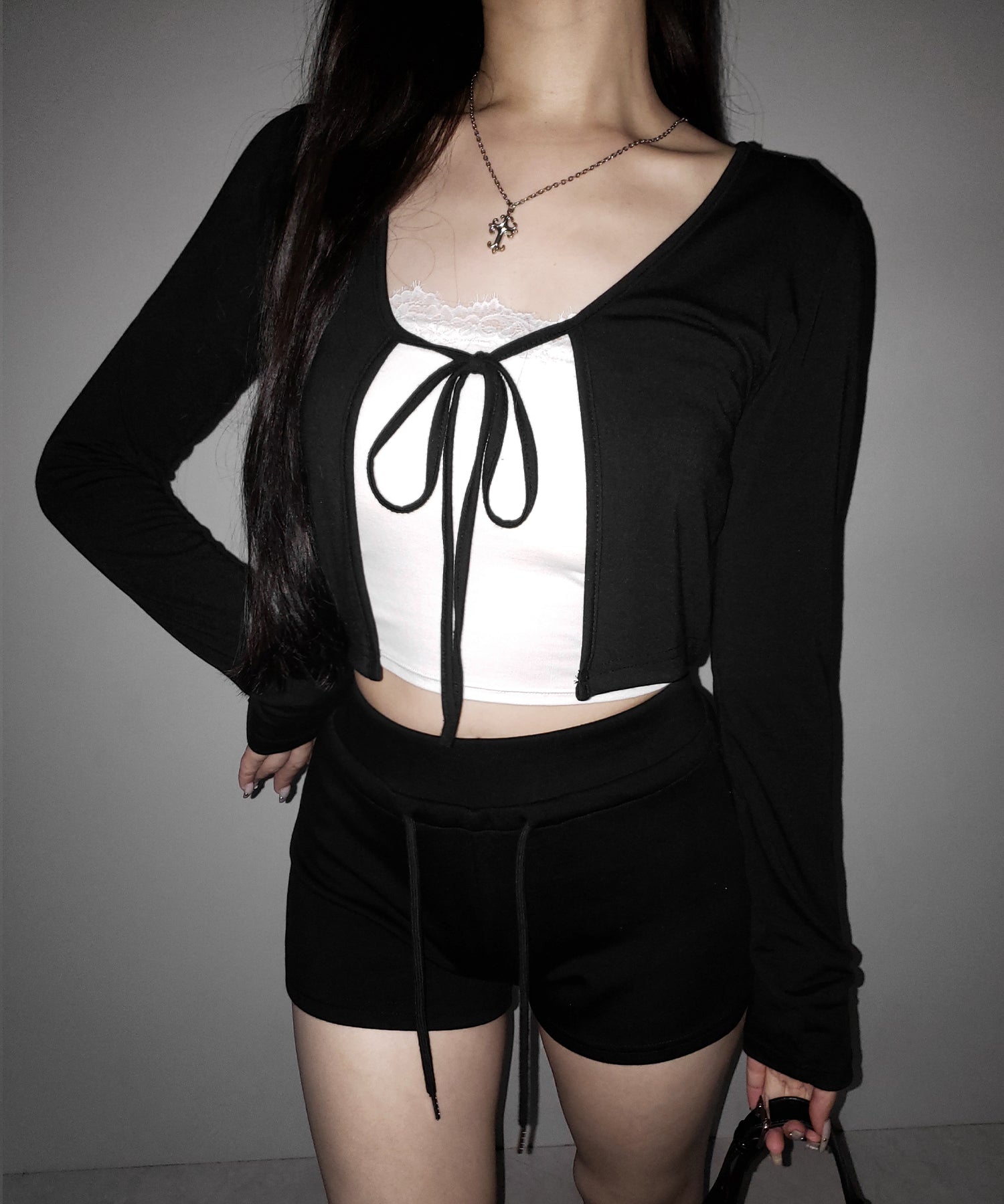 【 2color 】フロントリボンカットソーショートカーディガン / front ribbon cutsew short cardigan