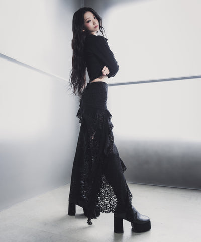 【 裏地付 】アシンメトリーフリルレーススリットロングスカート / asymmetry frill lace slit long skirt