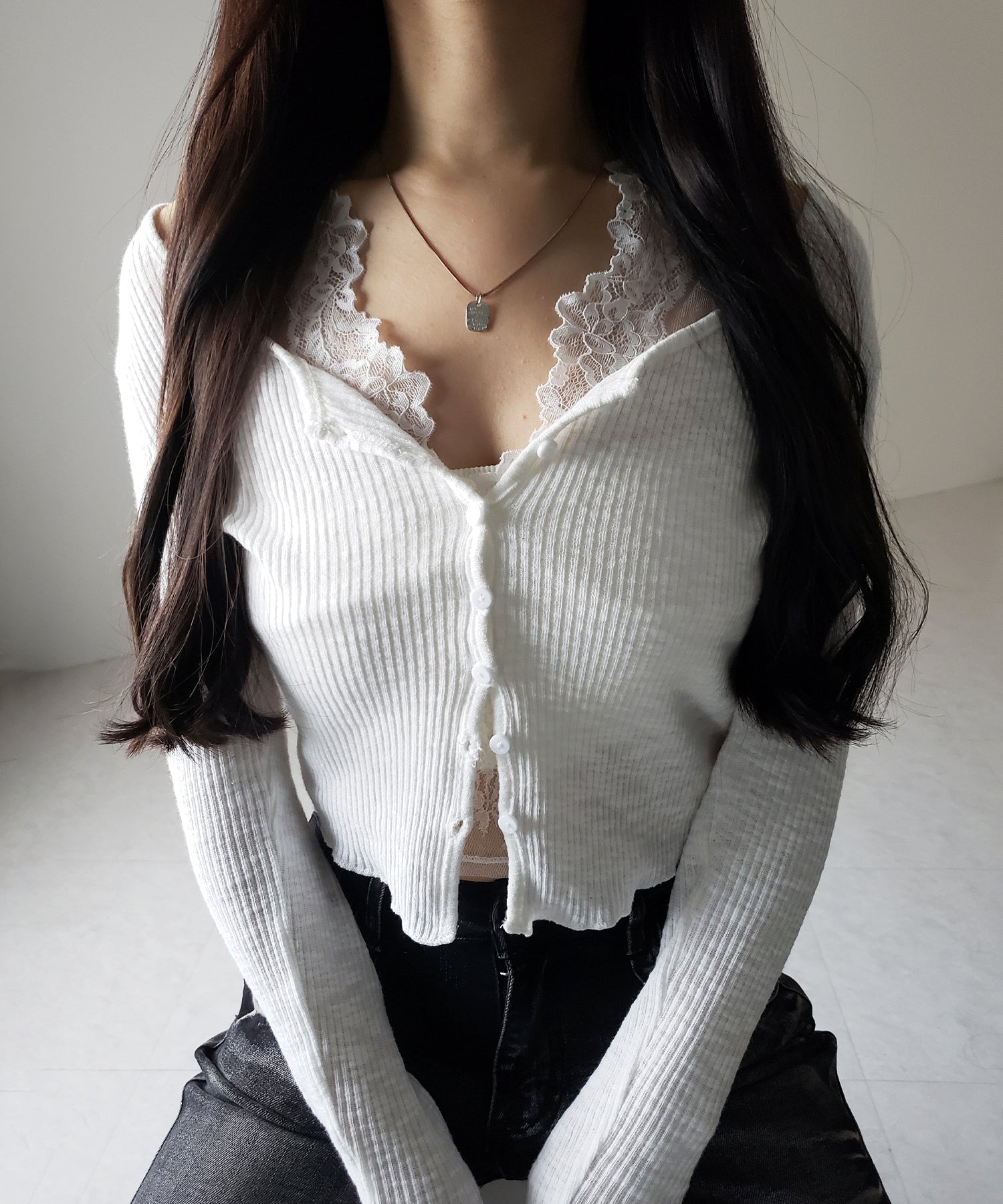 【 2点セット 】レイヤードレースシアーリブカットソーカーディガン / layered lace sheer rib cut and sew cardigan