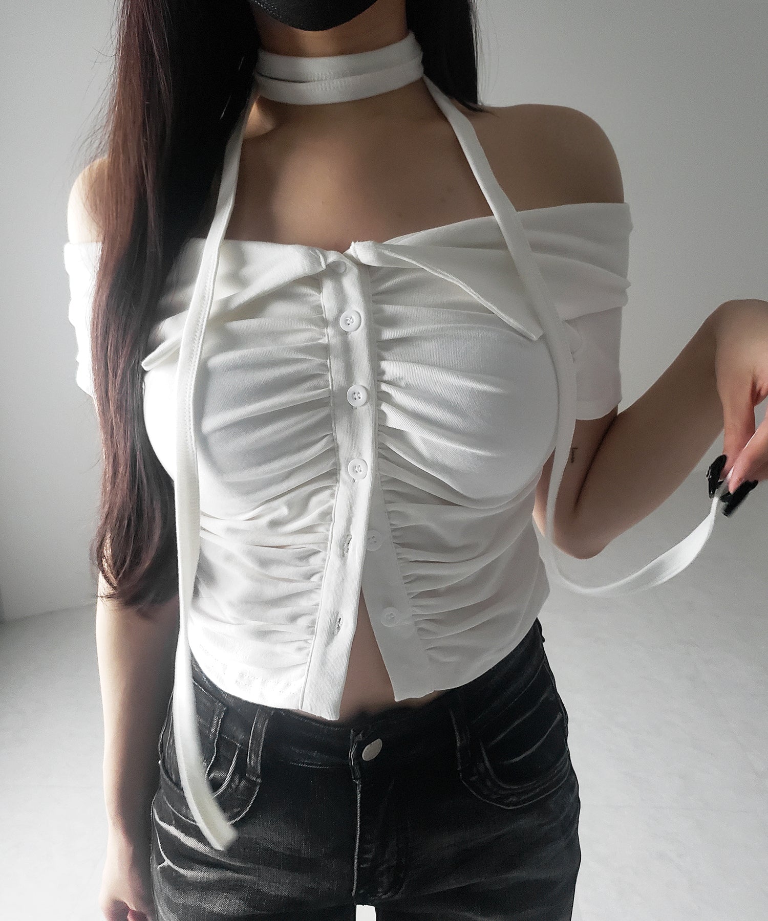 【 3color 】チョーカーロングタイ付き オフショルダータックギャザーTシャツ / choker long tie SET offshoulder tuck gather slim T-shirt