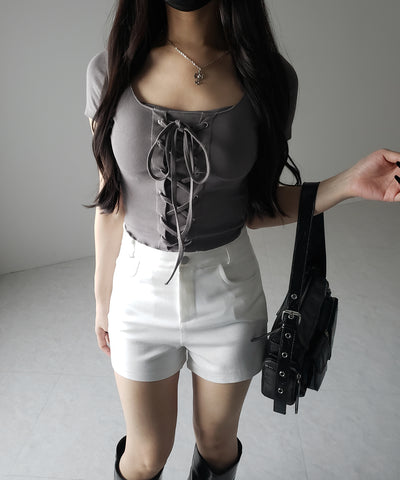 レースアップフロントリボン半袖ショートTシャツ / lace up front ribbon short sleeve short slim T-shirt
